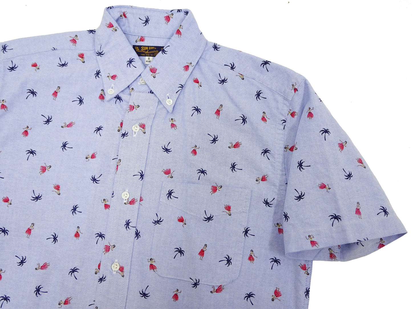 Sun Surf Casual Button Down Shirt Men's Short Sleeve Hula Dancer Palm Tree All-over Print Oxford Button Up Shirt SS39282 125 Blue