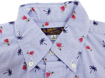 Sun Surf Casual Button Down Shirt Men's Short Sleeve Hula Dancer Palm Tree All-over Print Oxford Button Up Shirt SS39282 125 Blue