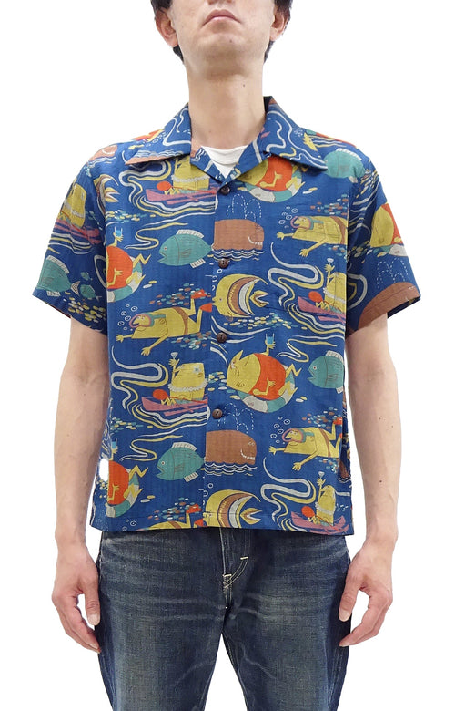 Sun Surf Men's Cotton Hawaiian Shirt - Uncle Torys Graphic Design - Short-Sleeve Aloha Shirt "Ocean Activities" SS39538 128 Navy-Blue
