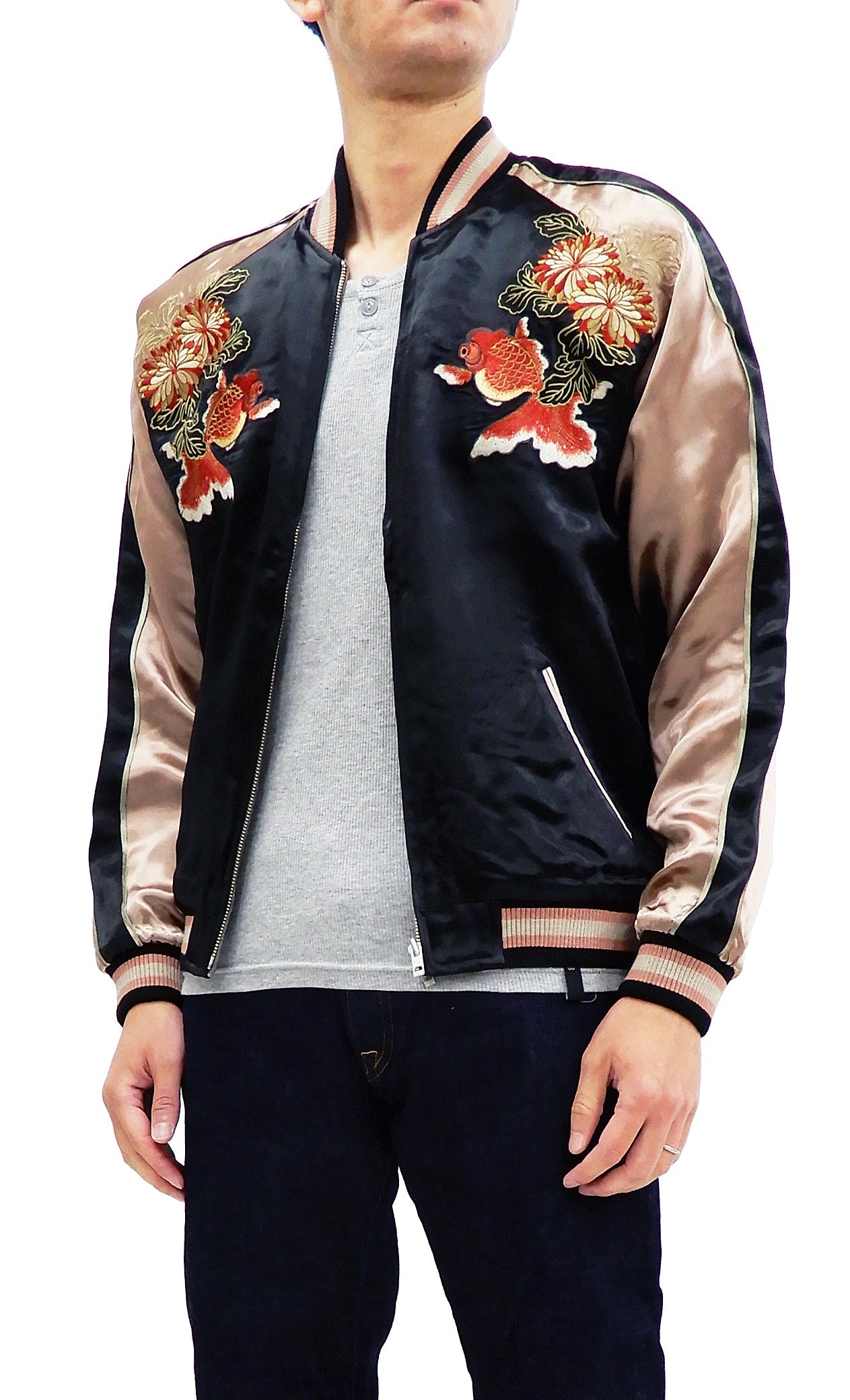 Hanatabi Gakudan Men's Japanese Souvenir Jacket Japanese Goldfish Art Sukajan Script SSJ-517