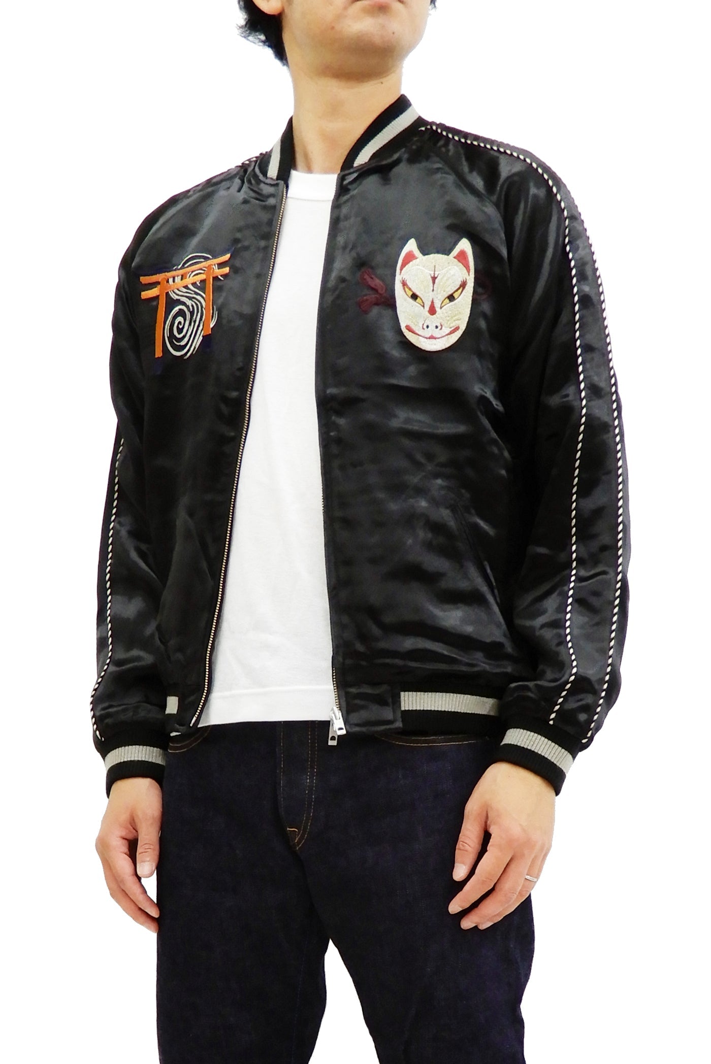 Hanatabi Gakudan Men's Japanese Souvenir Jacket Japanese Fox Mask Sukajan Script SSJ-520