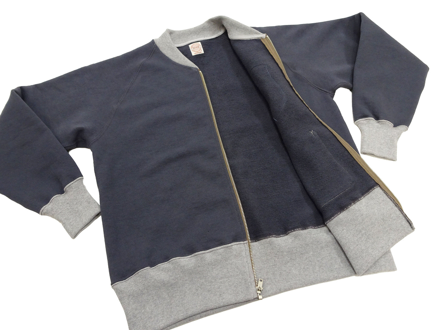 TOYS McCOY Men's Flying Ace Snoopy Zip-Up Sweatshirt - USAF C-2 Inspired, No Hood, Heavyweight 100% Cotton Loopwheel Fleece, Two-Tone Contrast Panel Design - Made in Japan (TMC2551 121 faded navy gray and gray)