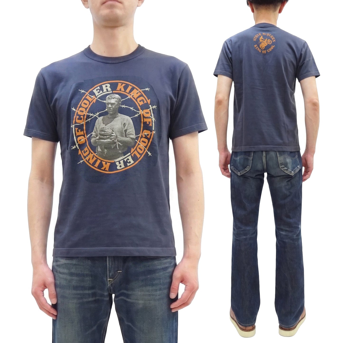 TOYS McCOY Men's Short-Sleeve Steve McQueen Graphic T-Shirt, Tubular Knit Jersey, One-Wash, Made in Japan (TMC2605 120 Muted Blue)
