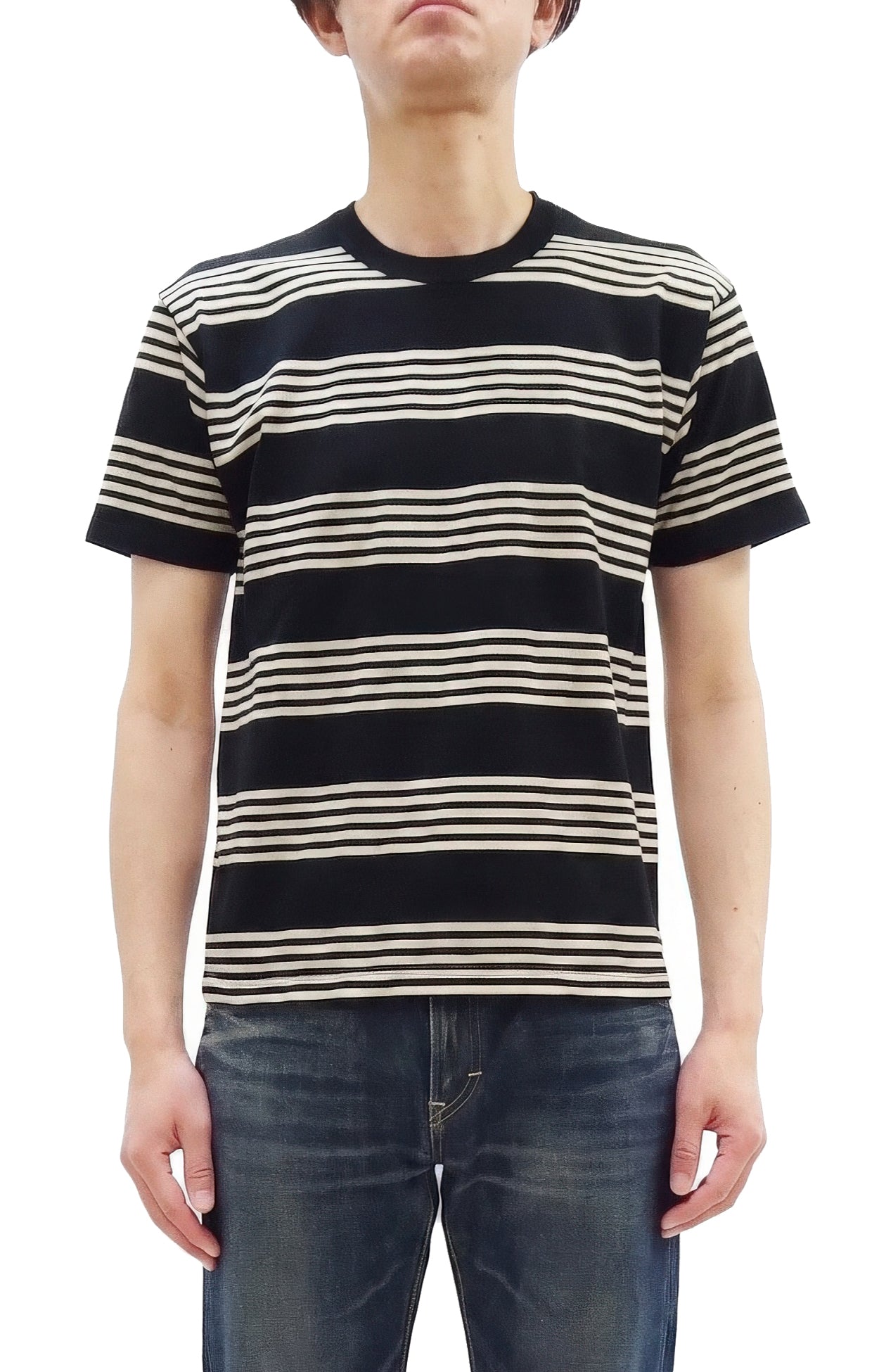 TOYS McCOY Men's Steve McQueen Inspired Multi-Border Striped Short Sleeve Crew Neck T-Shirt - Garment-Dyed Cotton Jersey - Made in Japan (TMC2616 041 Ivory x Black)
