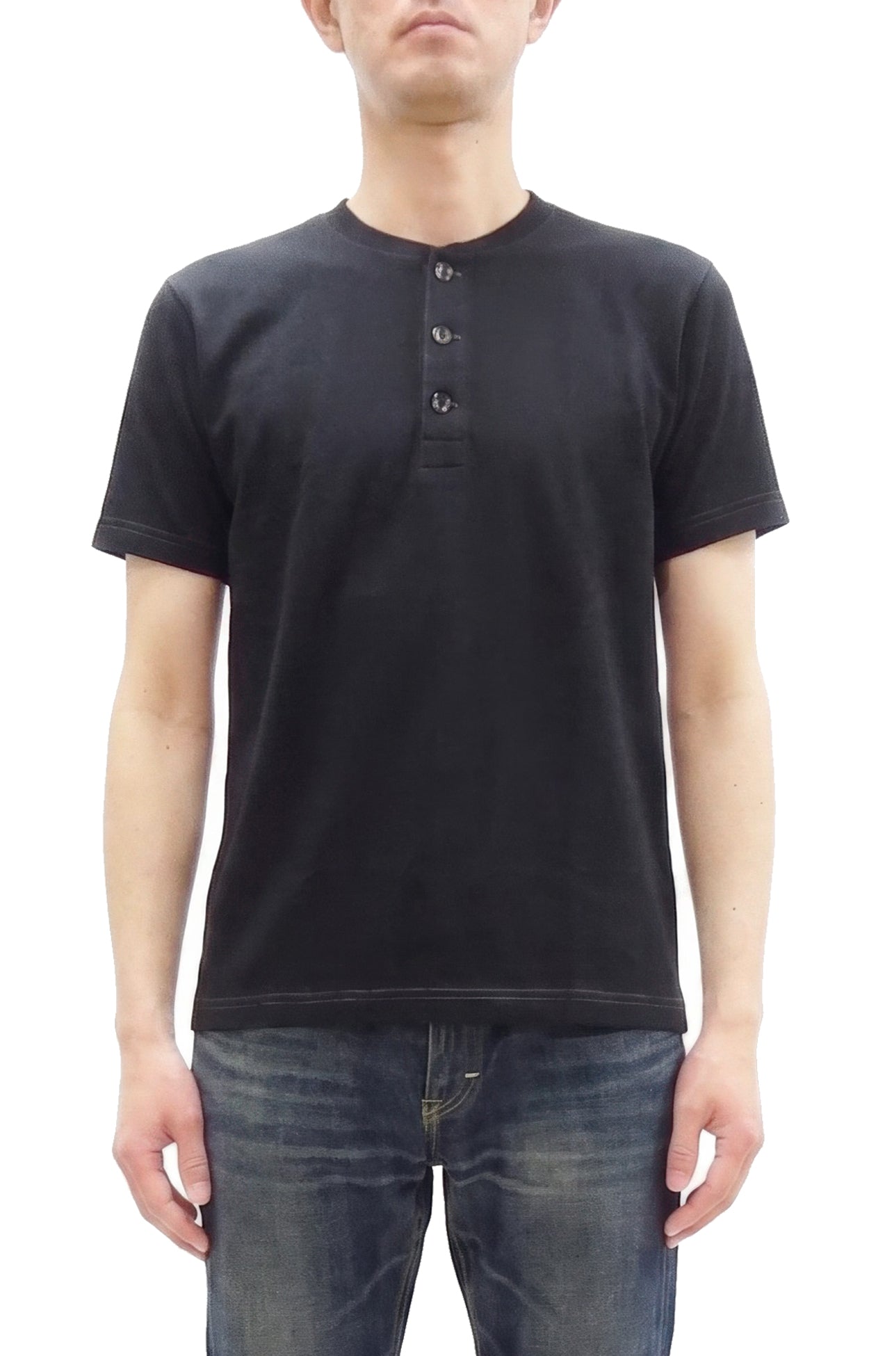 Whitesville Men's Short-Sleeve Henley T-Shirt, 100% Cotton Tubular-Knit Jersey, Slim Fit, One-Pack, Made in Japan (WV79681 119 Black)